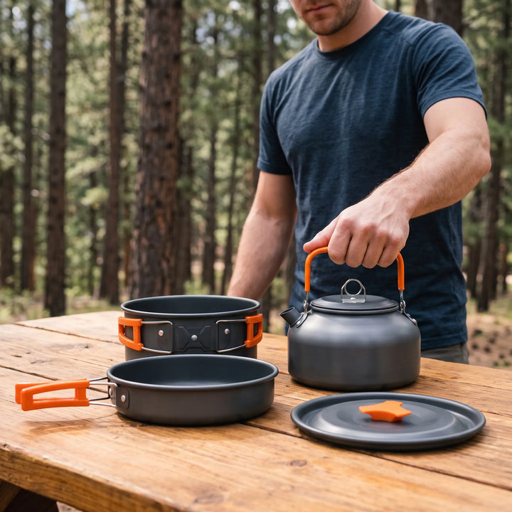 Portable backpacking cookware set with aluminum pots & pans, perfect for lightweight outdoor cooking on trails.