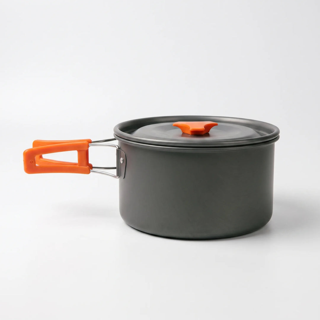 Camping & hiking cookware set, ultra-compact and lightweight aluminum design for efficient outdoor meal prep.