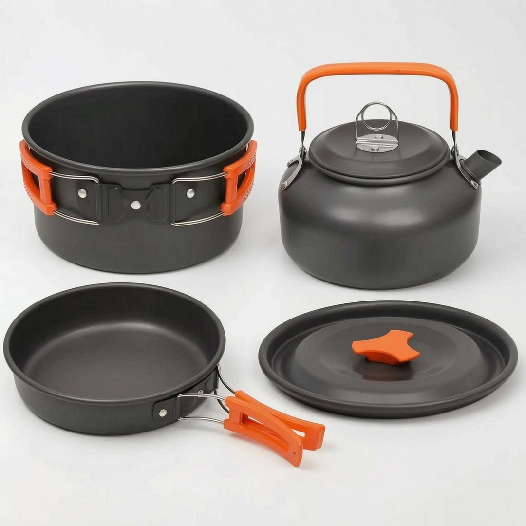 Aluminum outdoor kitchen set, designed for camping, hiking, and backpacking. Stackable and easy to carry.