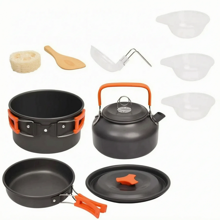 Essential lightweight aluminum camp cookware set for outdoor recreation, camping, and extended backpacking trips.