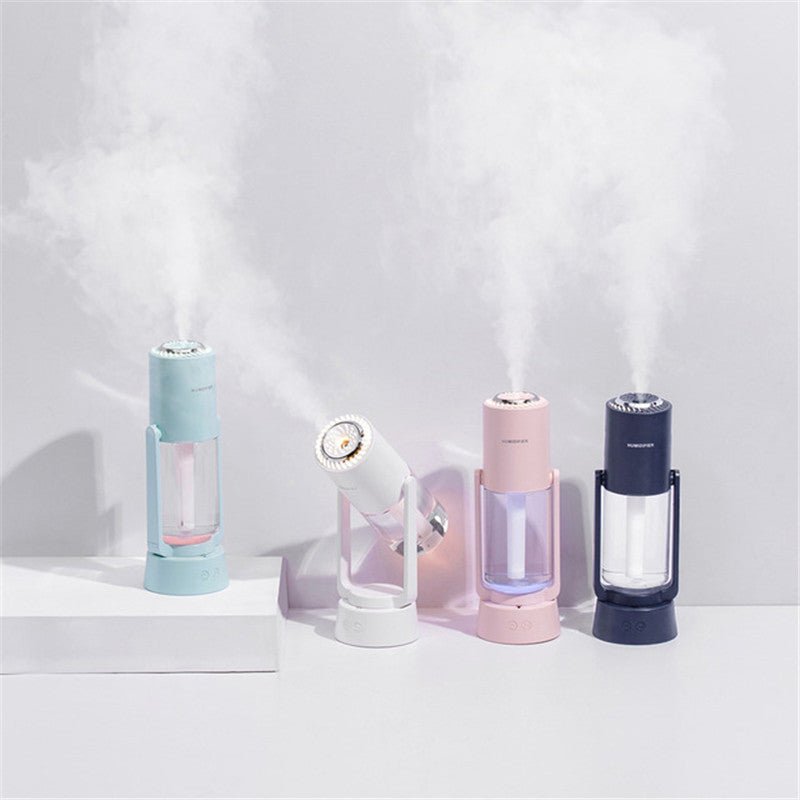 Quiet, portable USB rotating humidifier providing dry air relief for a comfortable home or office environment.
