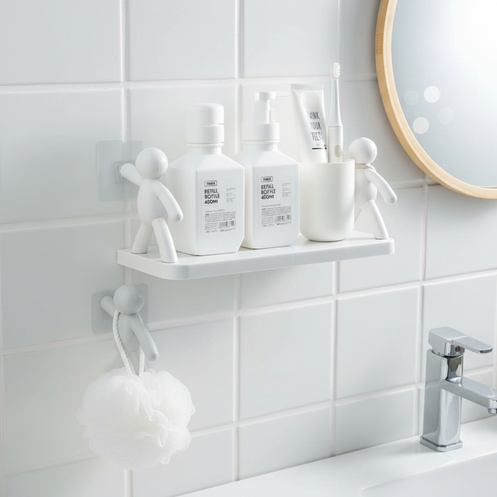 Compact bathroom wall shelf, white, with playful design, perfect for small spaces