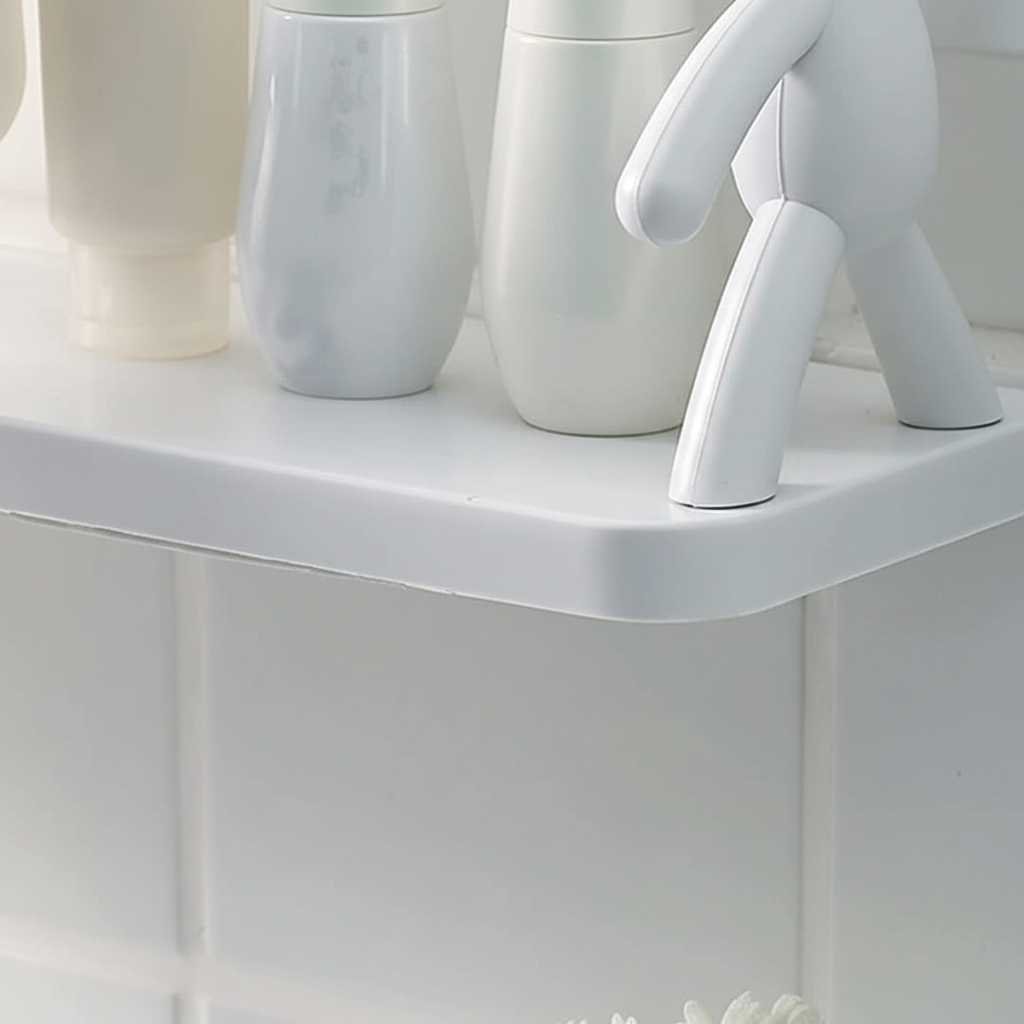 Stylish white wall shelf for bathroom essentials, playful design, space-saving storage