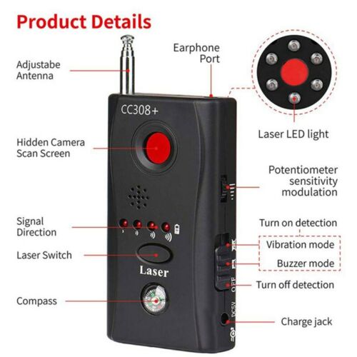 Handheld hidden camera finder with lens detection for privacy protection in dressing rooms, hotels & offices.