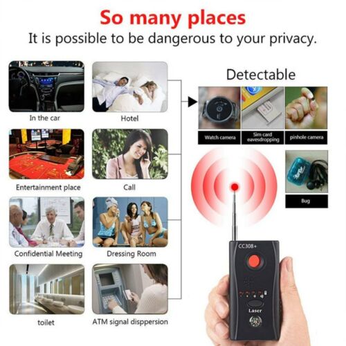 Multi-functional spy detector with RF & lens finder for hidden cameras, audio bugs & anti-surveillance protection.