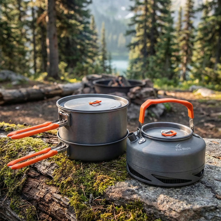 Compact camping cookware set with heat exchanger pot, ideal for outdoor cooking, backpacking, and hiking.