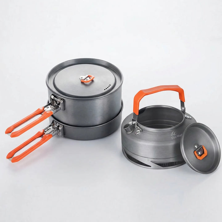 Portable outdoor camping cookware set, a compact and lightweight solution for backpacking and camp kitchen essentials.