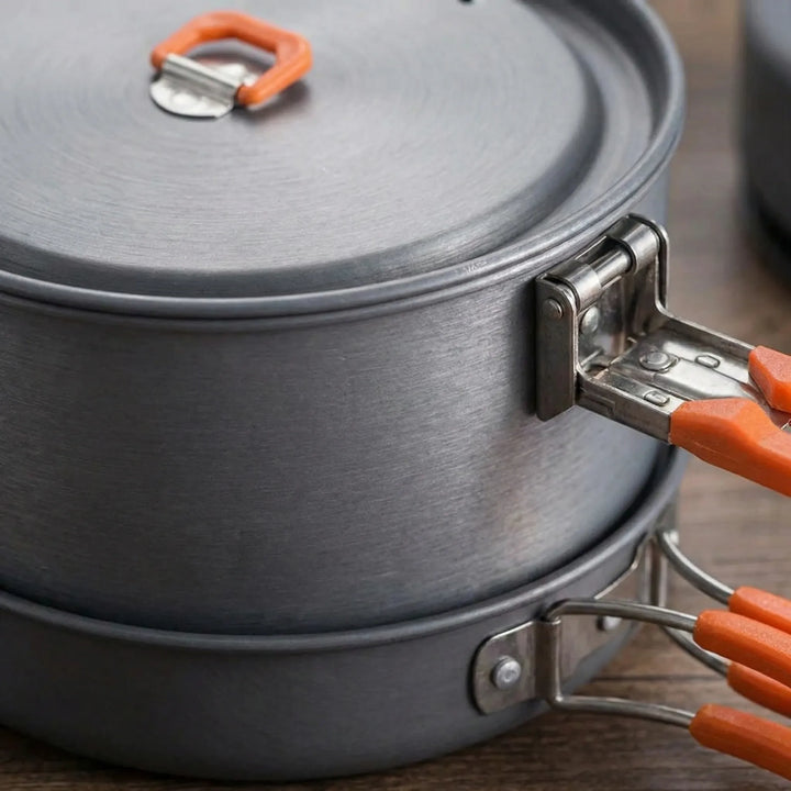 Efficient heat exchanger pot and nonstick camping cookware set for faster outdoor cooking, perfect for hiking gear.