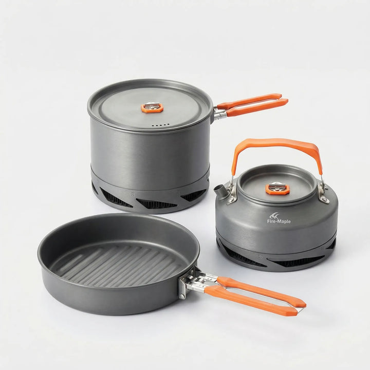 Durable outdoor camping cookware set with heat exchanger technology for efficient and easy camp kitchen meals.