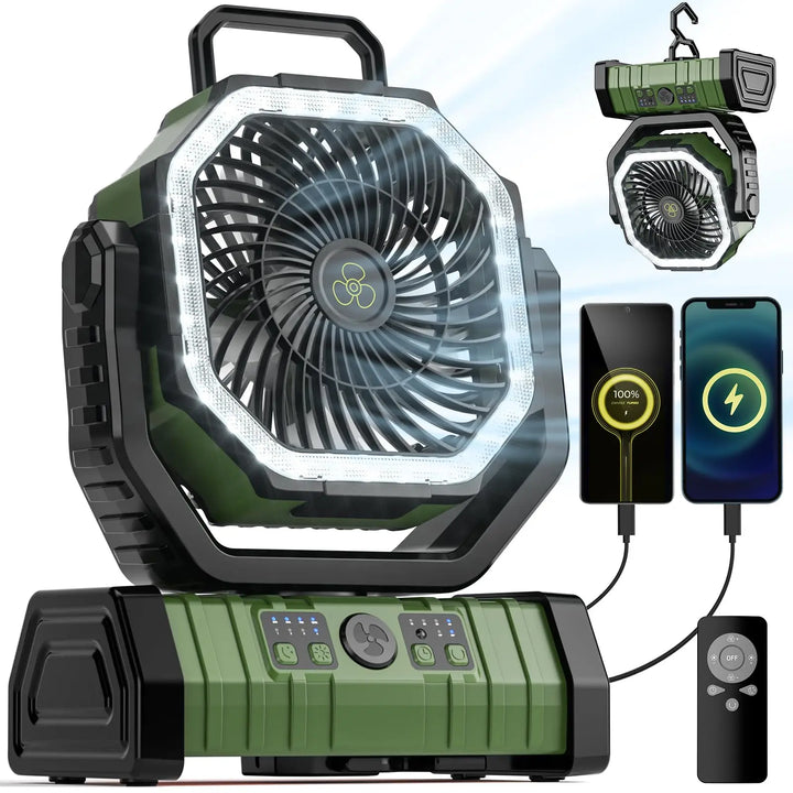 Compact camping fan with LED light & 20,000mAh power bank, ideal for outdoor adventures.