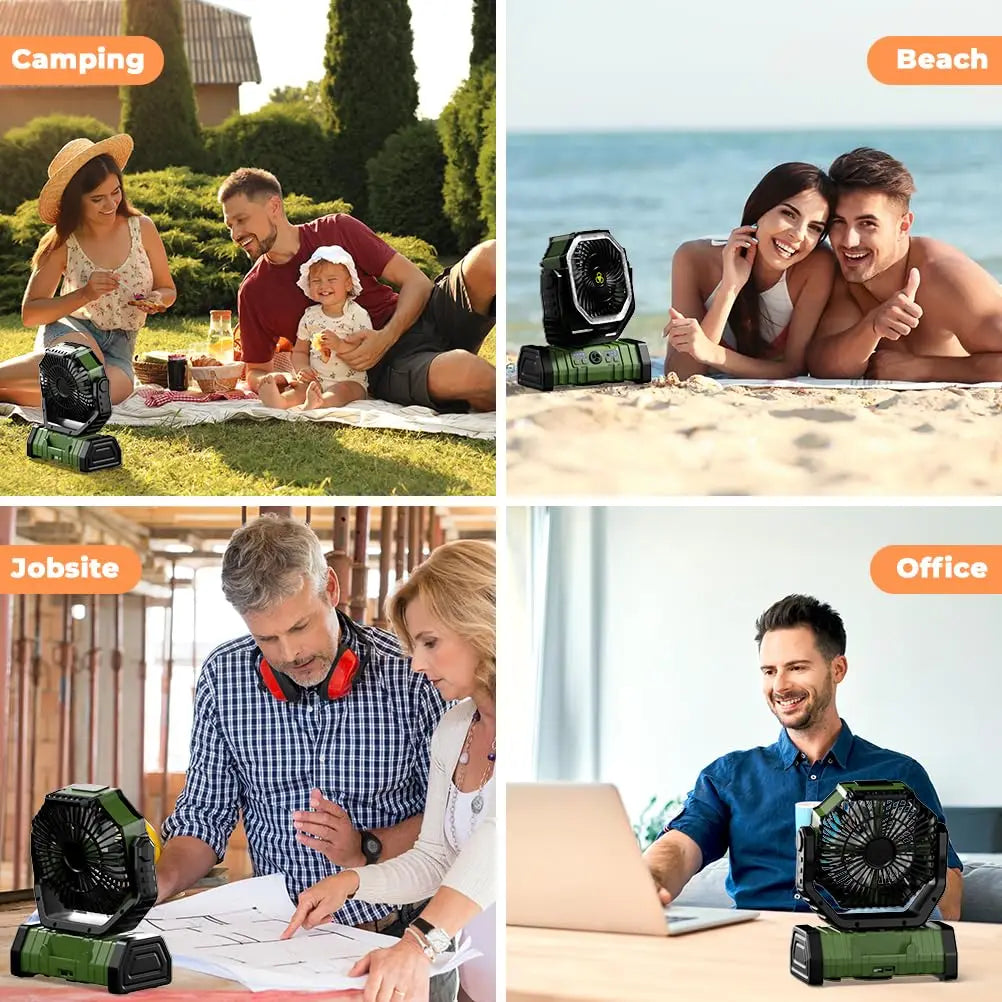 Outdoor gear: AirMate camping fan with bright LED light, power bank & remote for convenience.