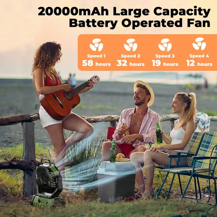 Versatile camping fan and light combo with a large 20,000mAh power bank for extended use.