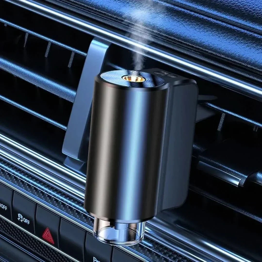 Compact car aromatherapy diffuser, USB powered, for essential oils & vehicle fragrance.