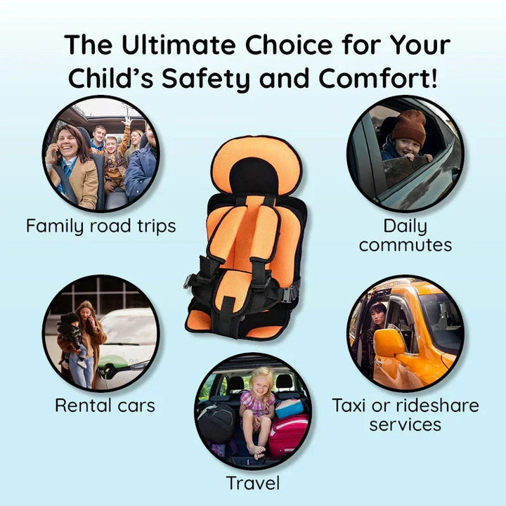 Lightweight foldable booster seat with safety harness for kids' car journeys.