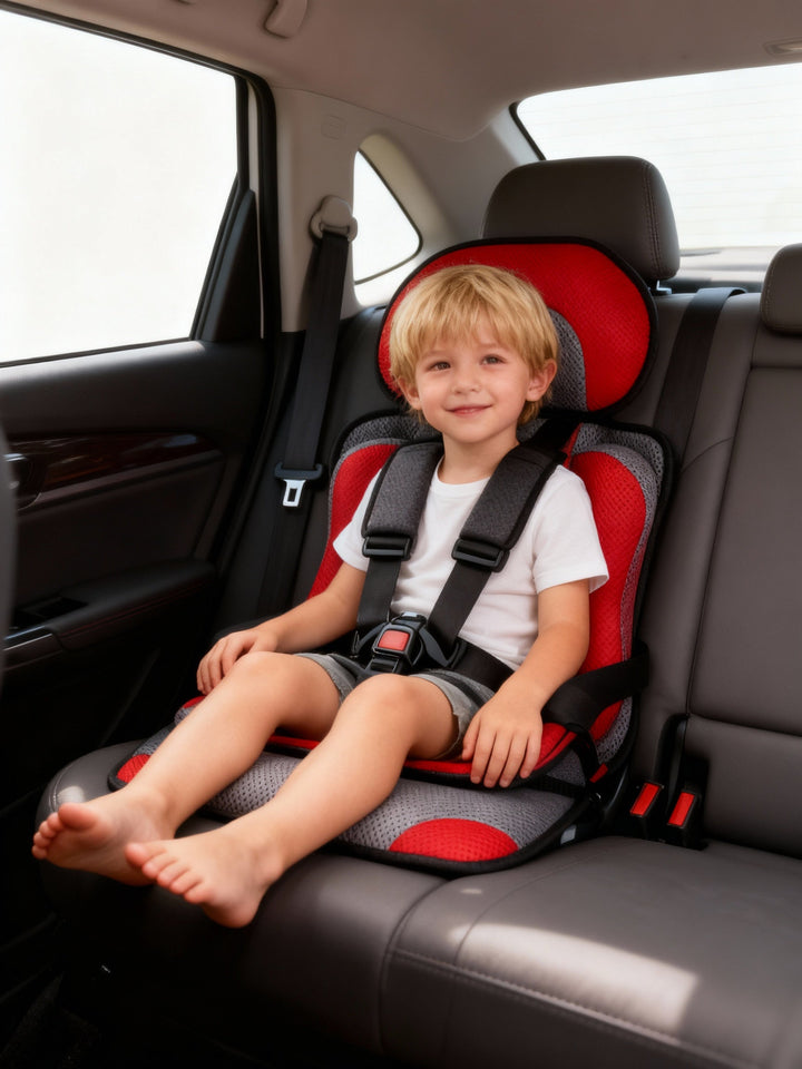 Kids' portable car booster with adjustable straps for growing children.