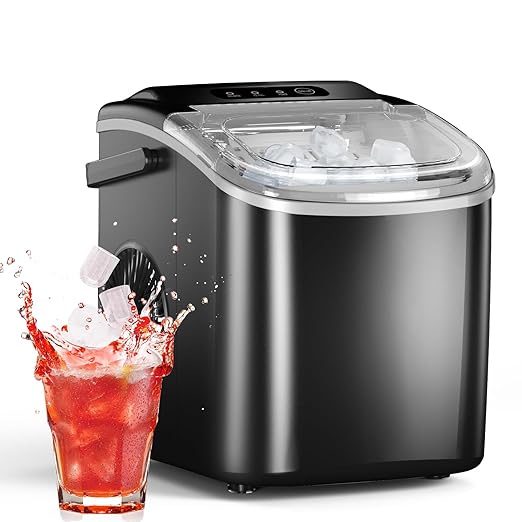 Compact countertop ice maker for quick round ice production, perfect for kitchen & home bar drinks.