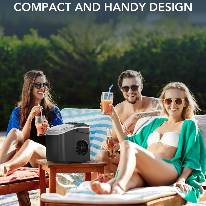 Small countertop ice maker with self-cleaning feature, ideal for daily use and entertaining.