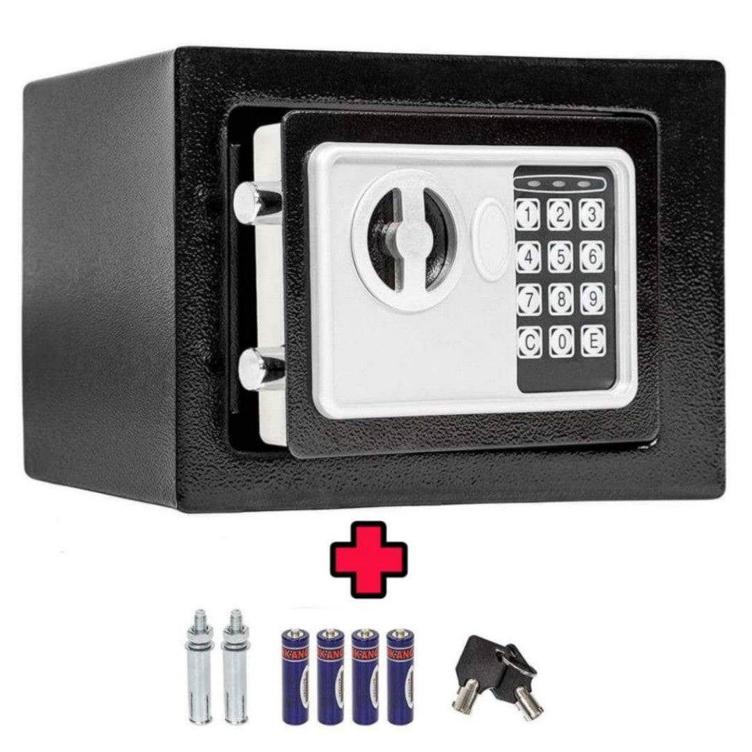 Small metal digital safe (SafeLock Mini) for secure storage of valuables, featuring key & code access for home/office.