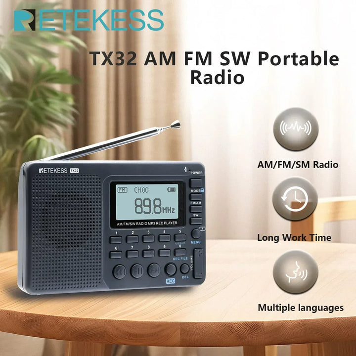 Lightweight, rechargeable AM/FM/SW travel radio. Perfect for camping, emergencies, and outdoor listening.