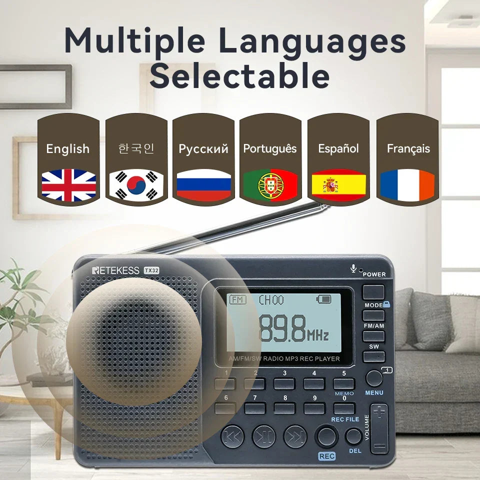 Ultra-compact rechargeable portable radio (AM/FM/SW) for easy carry, camping, and emergency use.