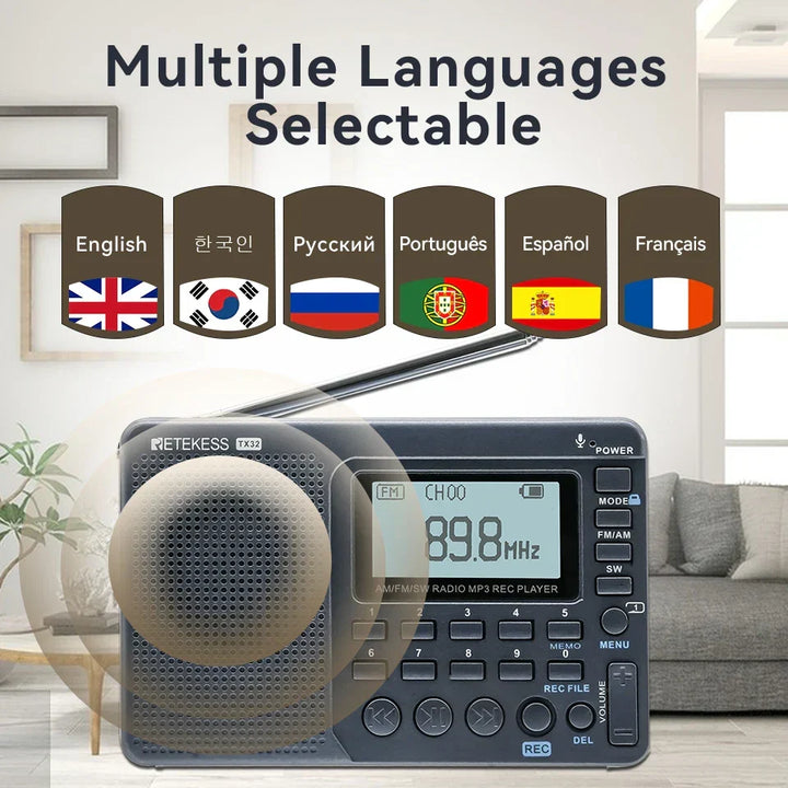 Ultra-compact rechargeable portable radio (AM/FM/SW) for easy carry, camping, and emergency use.