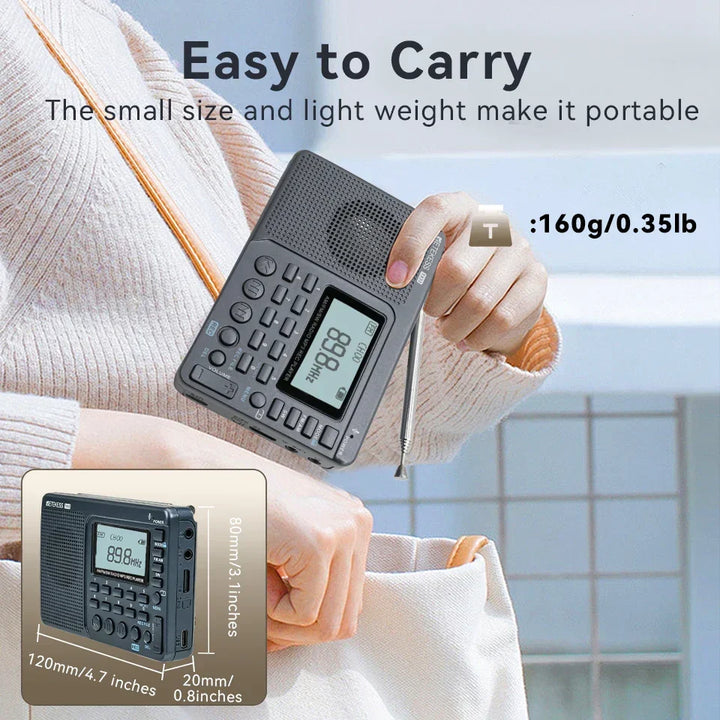 EchoWave compact AM/FM/SW digital radio, rechargeable, with shortwave bands & clear bass speaker.