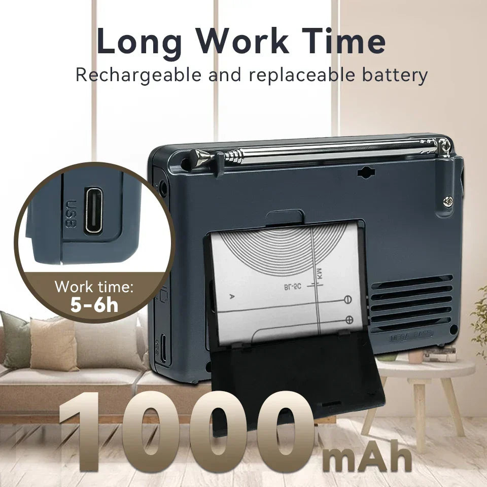 EchoWave portable AM/FM SW radio showing extended antenna & charging port; rechargeable for travel.