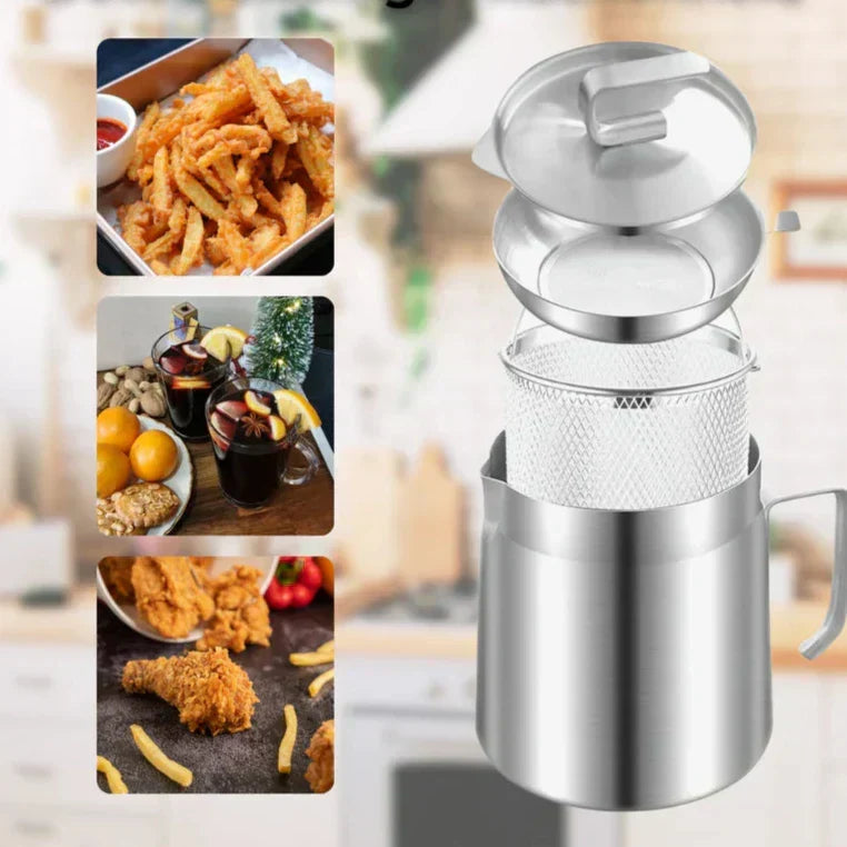 Stainless steel mini deep fryer, ideal for small kitchens, making crispy snacks.