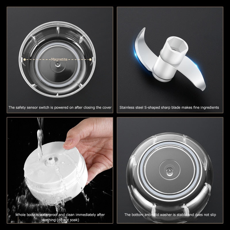 Cordless USB rechargeable electric chopper for convenient food prep anywhere.
