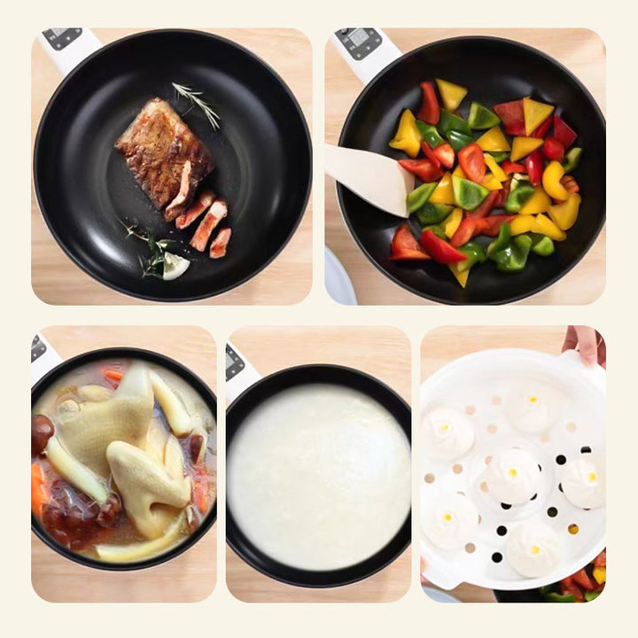 Electric multi-cooker with steamer basket for healthy vegetables, dumplings & fish. Smart kitchen appliance.