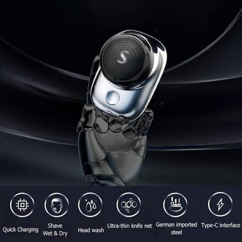 Men's wet/dry electric mini shaver, portable and rechargeable for smooth, convenient shaves at home or travel.