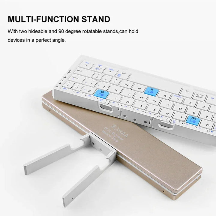 Premium aluminum foldable Bluetooth keyboard. Durable, lightweight & portable wireless accessory for mobile devices.