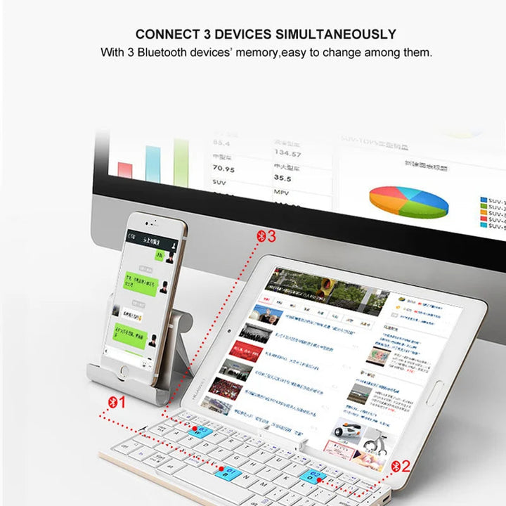 Portable Bluetooth keyboard paired with a tablet. Enhance productivity on your iPad or Android with this wireless accessory.