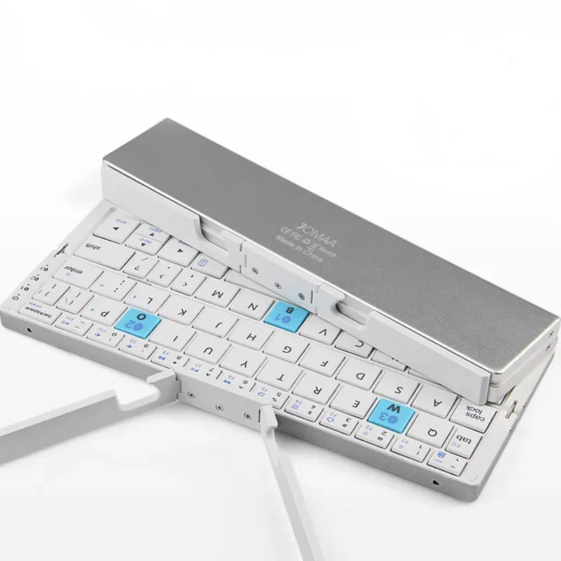 Foldable wireless keyboard used with a smartphone. Enjoy desktop-like typing on your mobile device, anytime, anywhere.