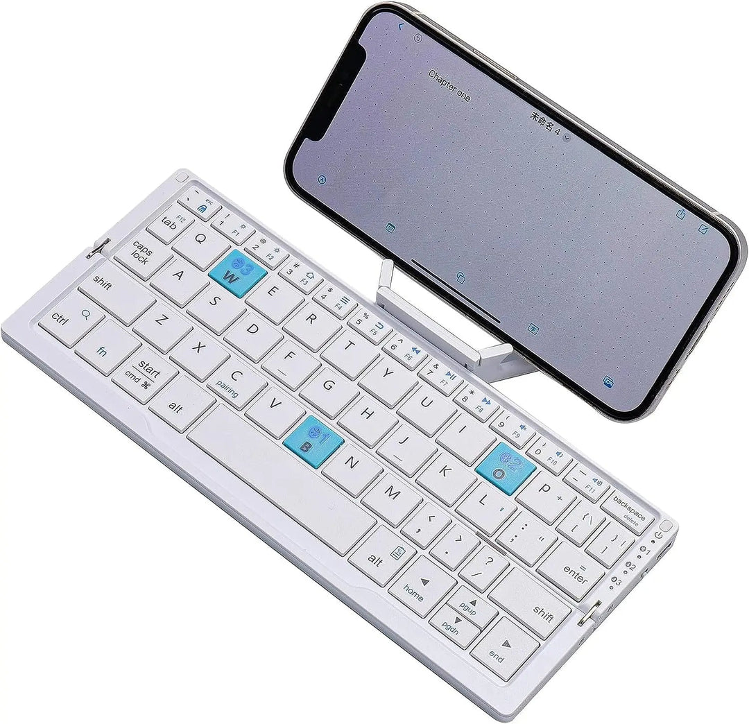 Foldable Bluetooth keyboard with integrated magnetic stand. Securely holds your tablet or phone for comfortable typing.