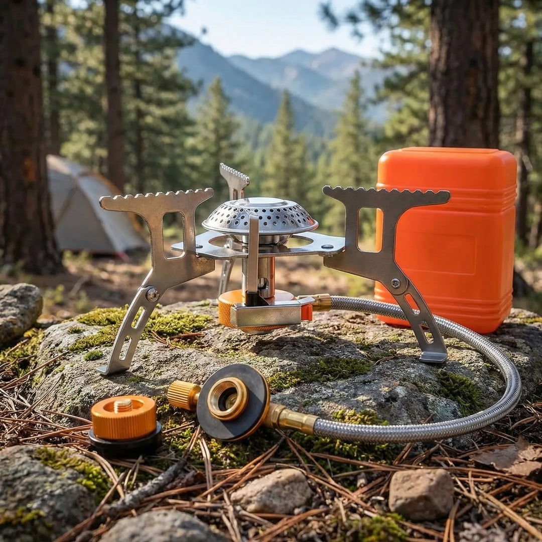 Compact folding gas camping stove, ideal for backpacking, hiking, and travel outdoor cooking.