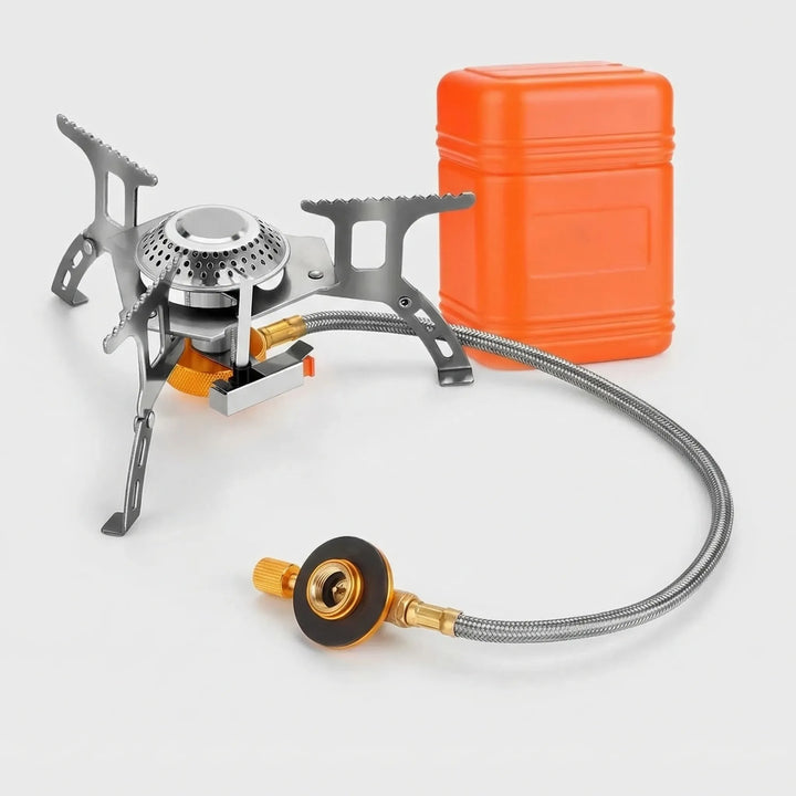 Portable gas camping stove for quick outdoor cooking, perfect for camp essentials & adventures.