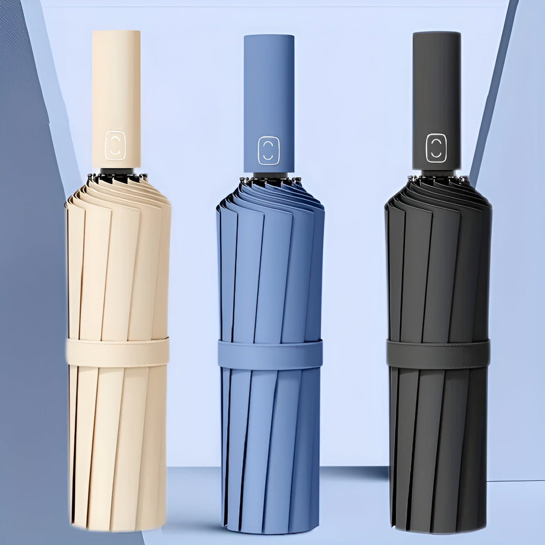 Compact folding umbrella with UV & rain protection, automatic open/close, portable travel accessory.