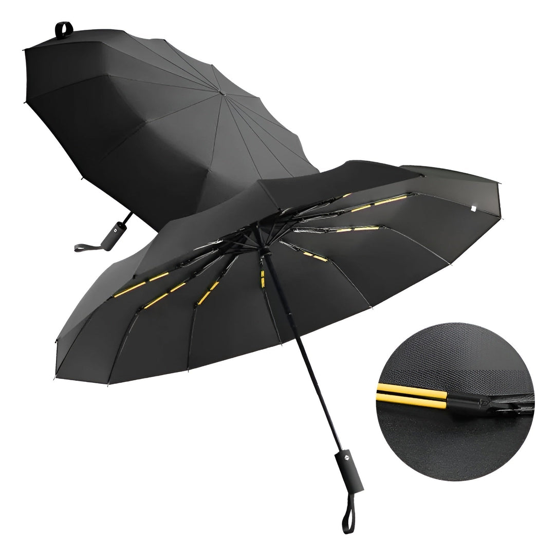 Portable unisex folding umbrella, compact for travel, offers UV protection & rain resistance.