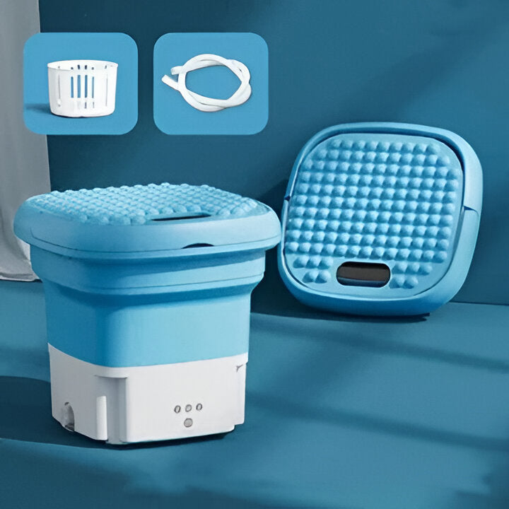 Compact folding washing machine for travel. Ideal mini washer for camping, RVs, and hotels. Easy portable laundry.