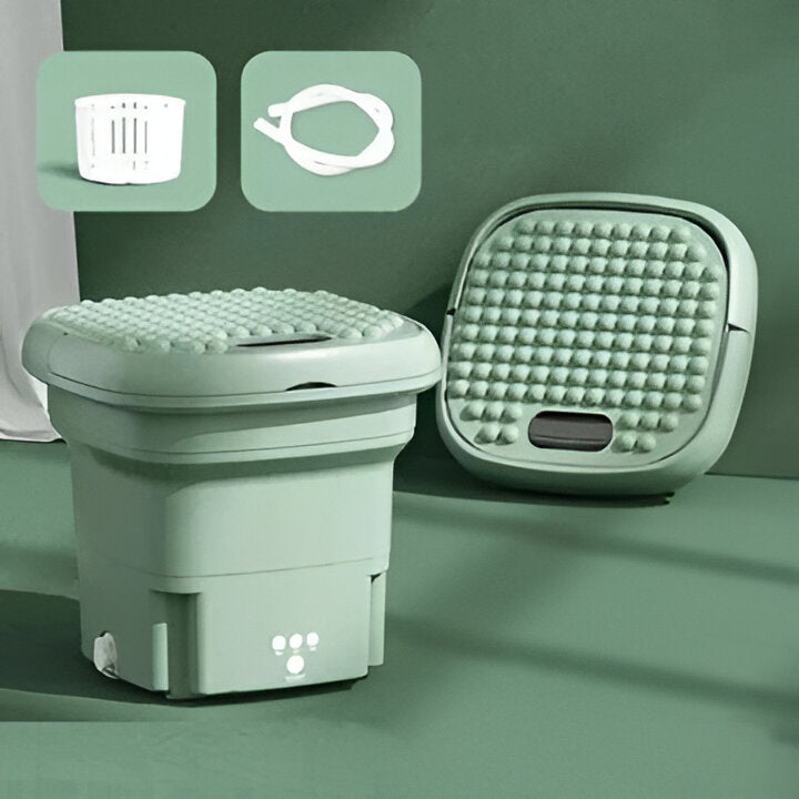 Folding mini portable washing machine for travel laundry. Compact, lightweight, and easy to store. Great for small items.