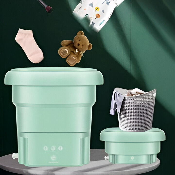 Portable mini folding washing machine. Ideal for travel, camping, small apartments. Compact laundry solution for delicates & baby clothes.