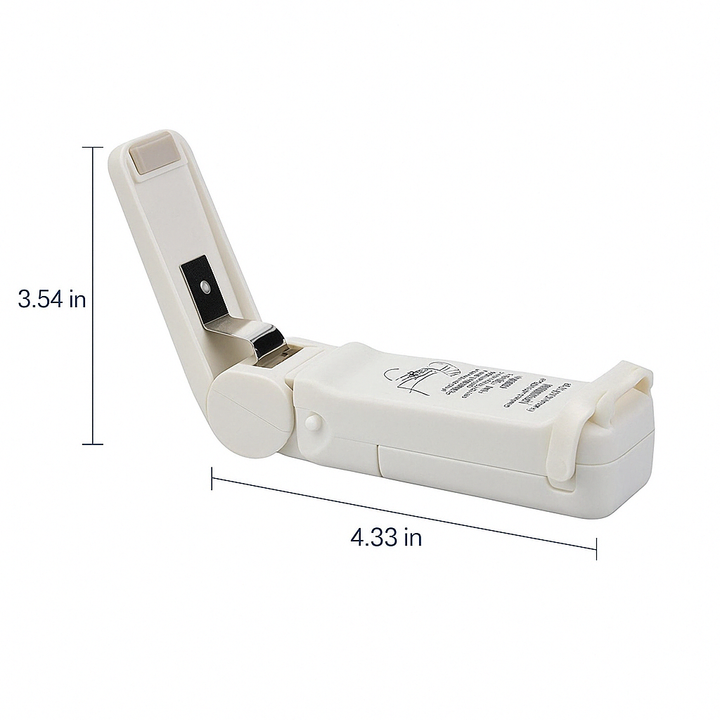 Hand holding a portable bag sealer, demonstrating its ergonomic design for easy, quick food freshness.