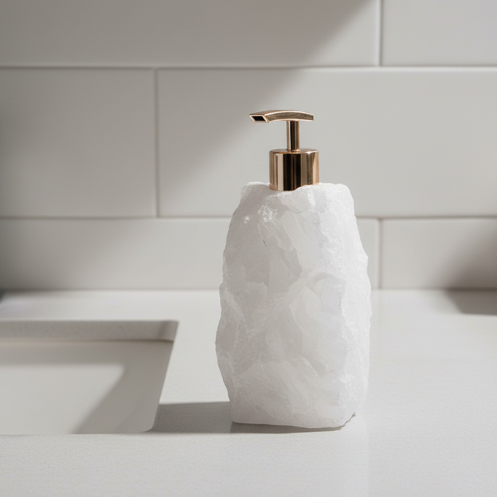 Compact geometric stone soap dispenser for modern bathroom basin decor