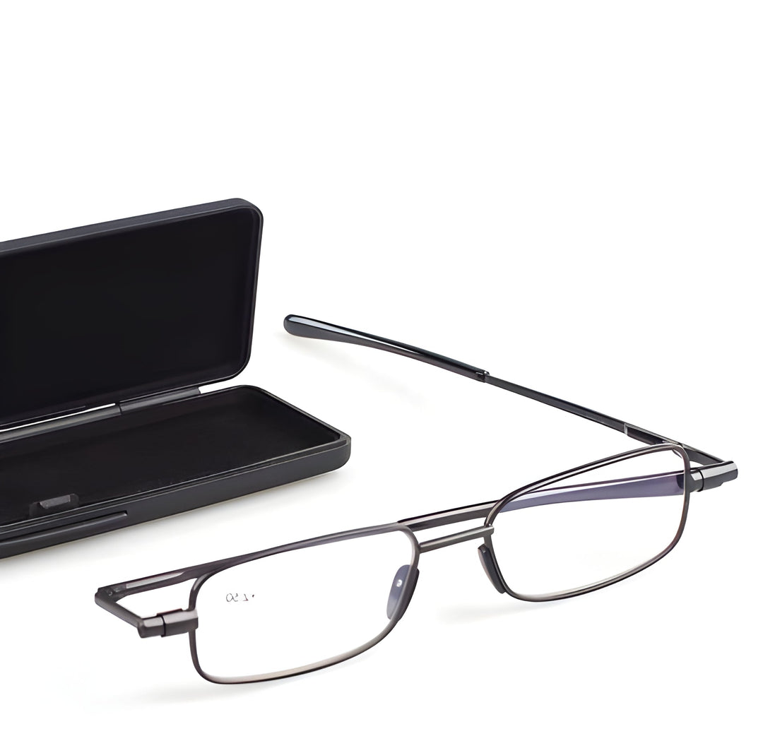 Compact gray folding reading glasses for men & women. Portable stainless steel readers for travel & everyday clarity.