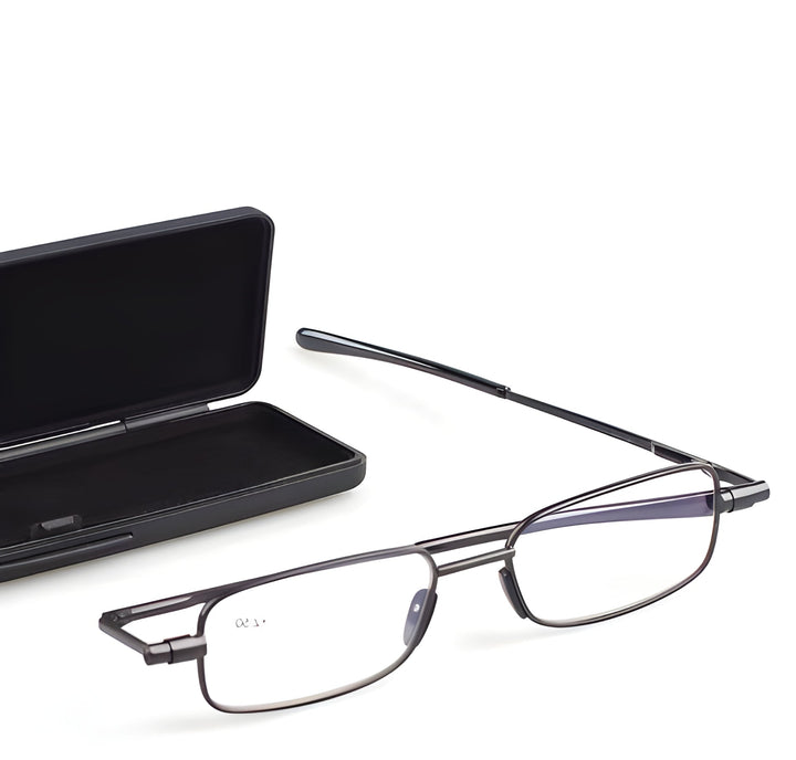 Compact gray folding reading glasses for men & women. Portable stainless steel readers for travel & everyday clarity.