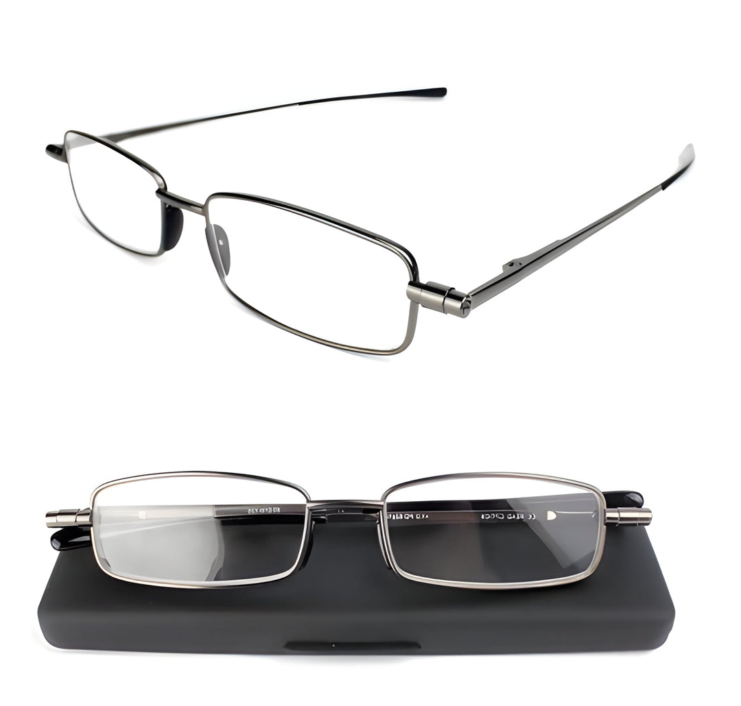 Unisex gray portable reading glasses. Folding vision aid for men & women, perfect for everyday clarity.