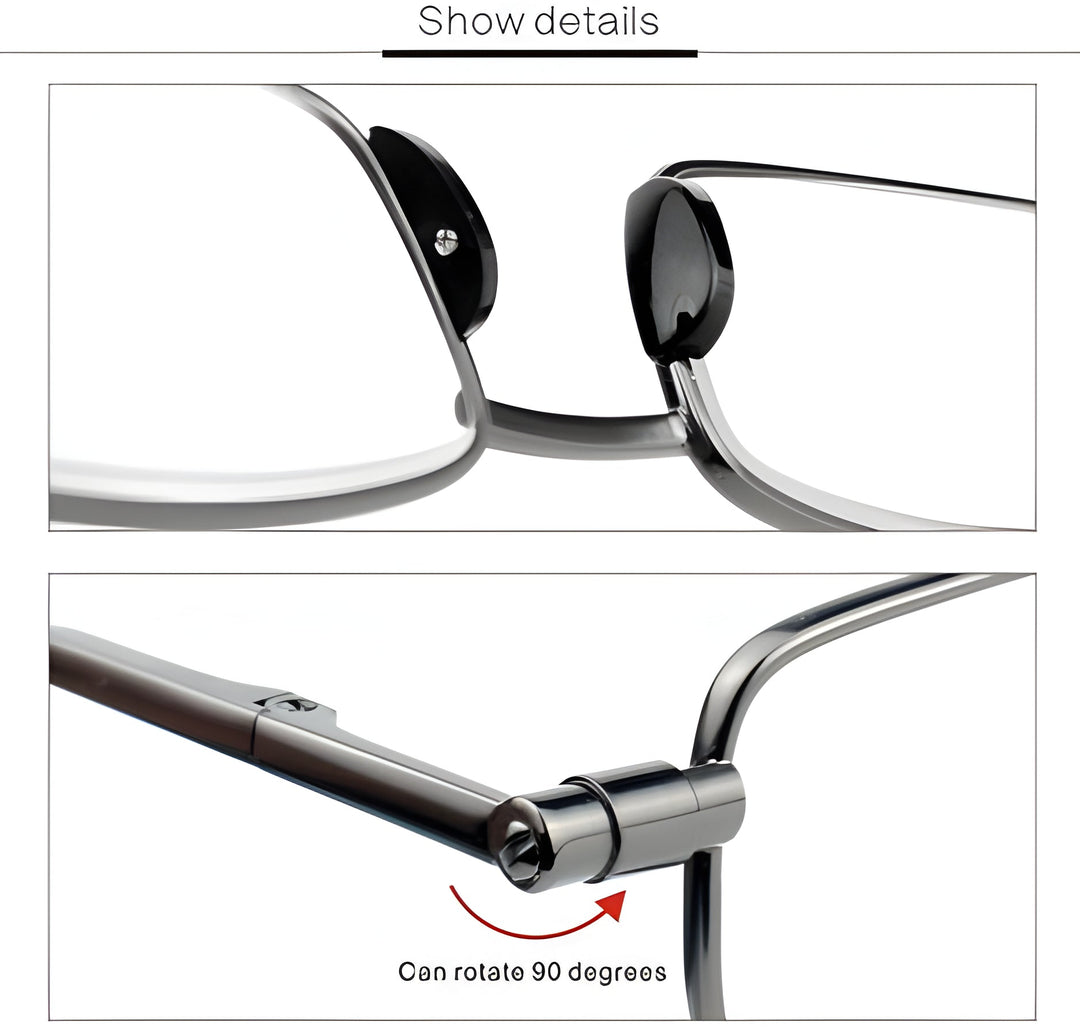 Stainless steel gray folding reading glasses. Compact men's & women's portable readers for on-the-go vision aid.