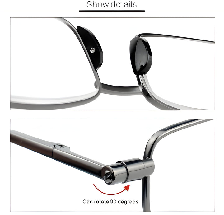 Stainless steel gray folding reading glasses. Compact men's & women's portable readers for on-the-go vision aid.