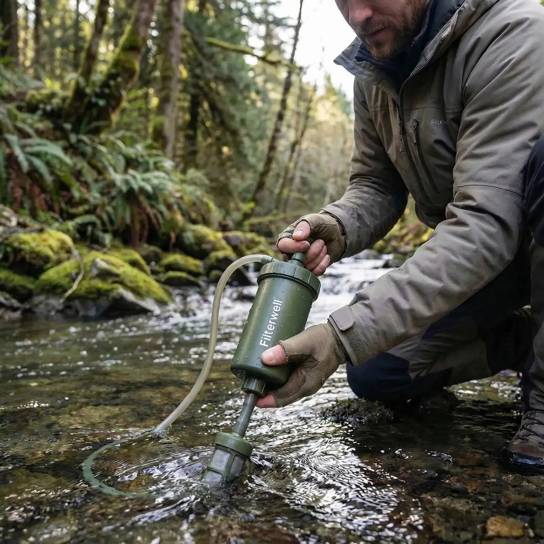 Compact hand pump water filter for safe drinking during camping, hiking, & outdoor adventures.